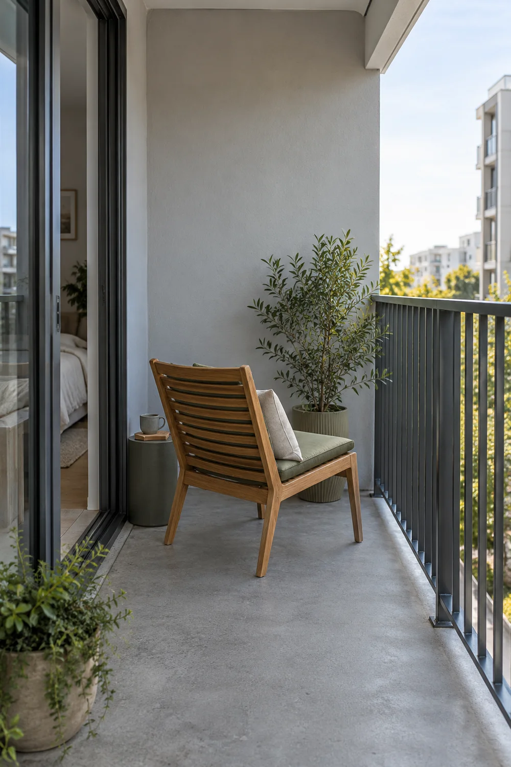 Wooden chair turned toward a grey balcony wall beside a planted container