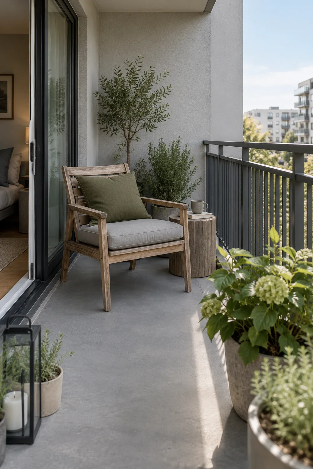 Wooden chair with grey cushion and olive pillow beside the dark balcony railing