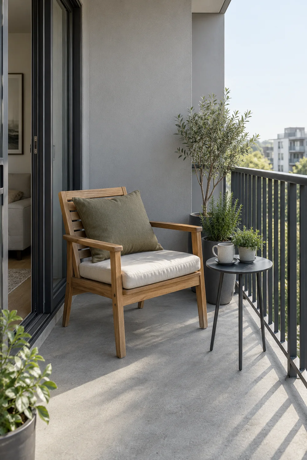 Wooden chair with olive cushion beside a graphite table on a grey balcony