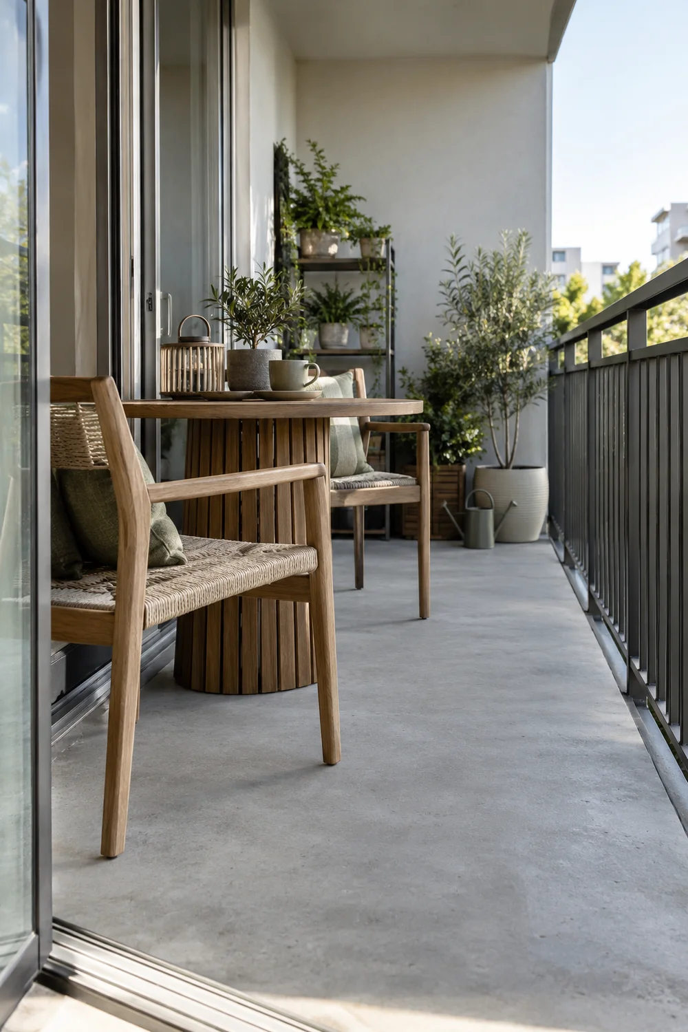 Wooden chairs and a round dining table beside a clear balcony passage