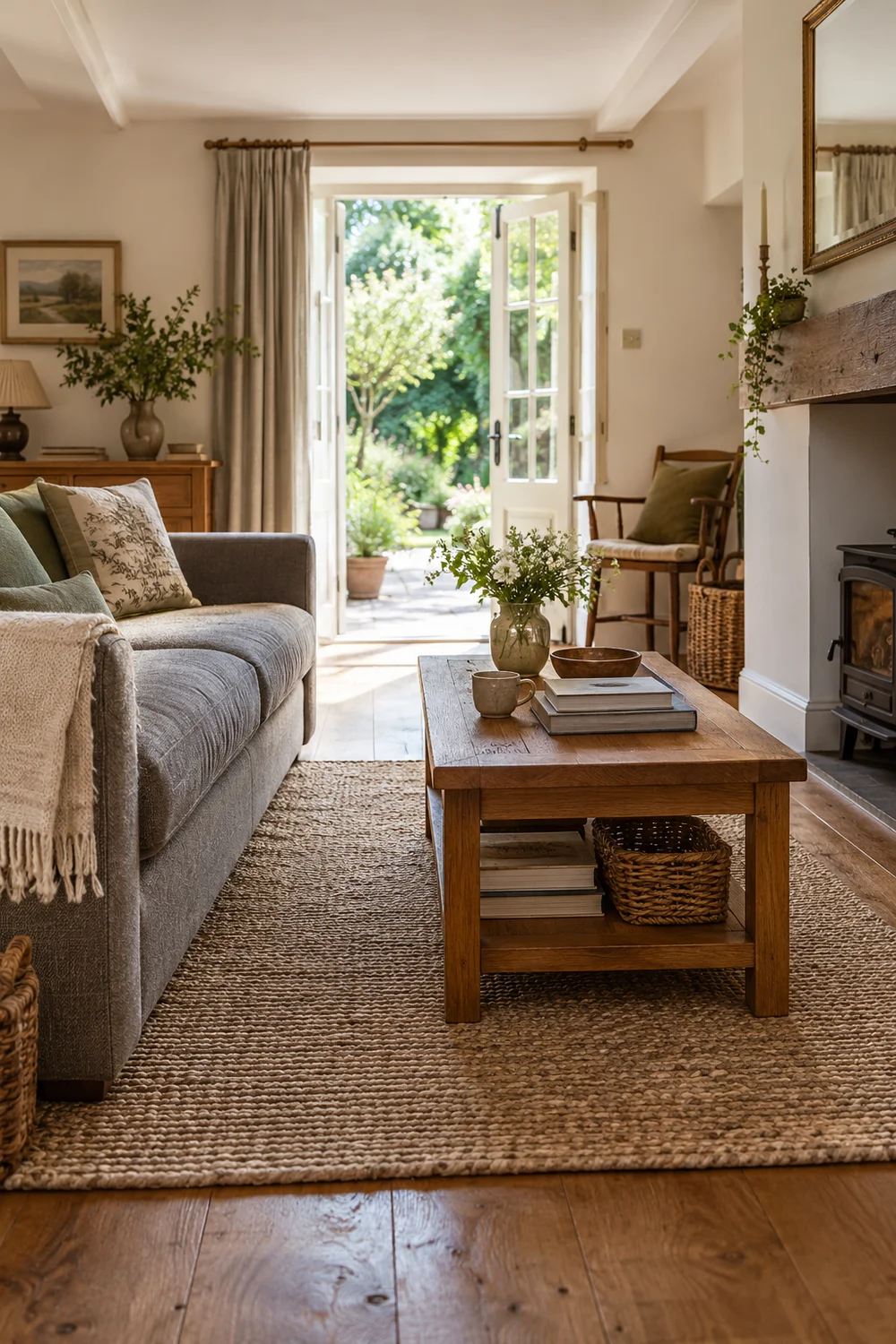 Wooden coffee table with clear passage beside a grey sofa