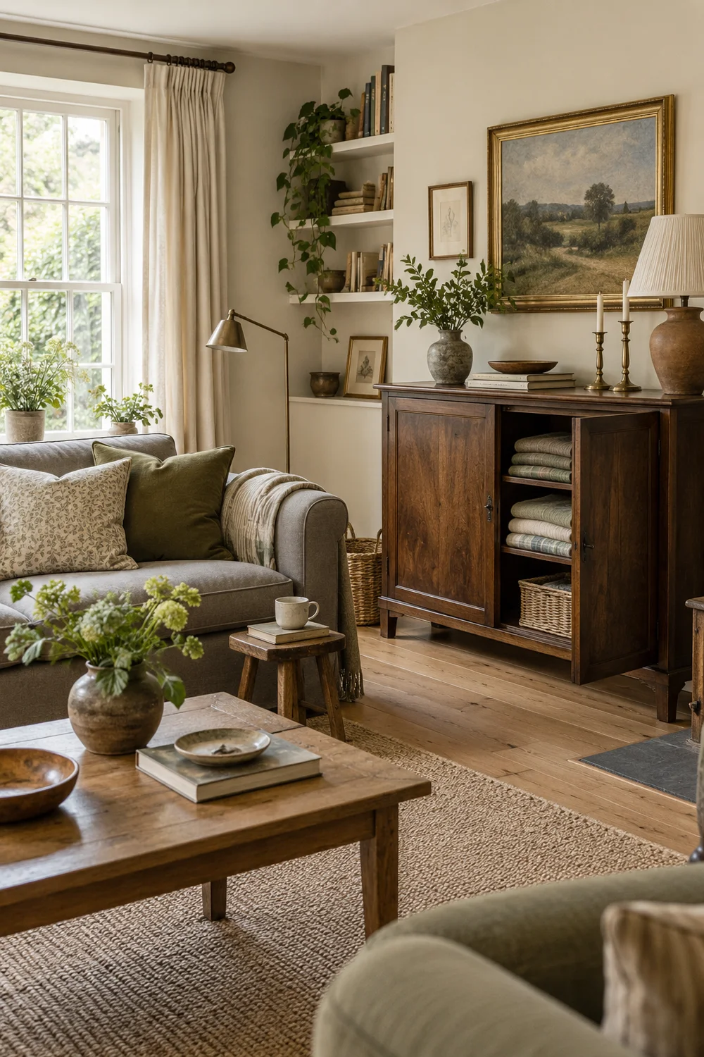 Wooden storage cabinet behind a cottage seating group