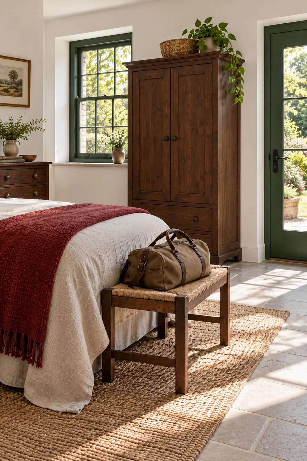 Wooden wardrobe and luggage bench beside a cottage bed