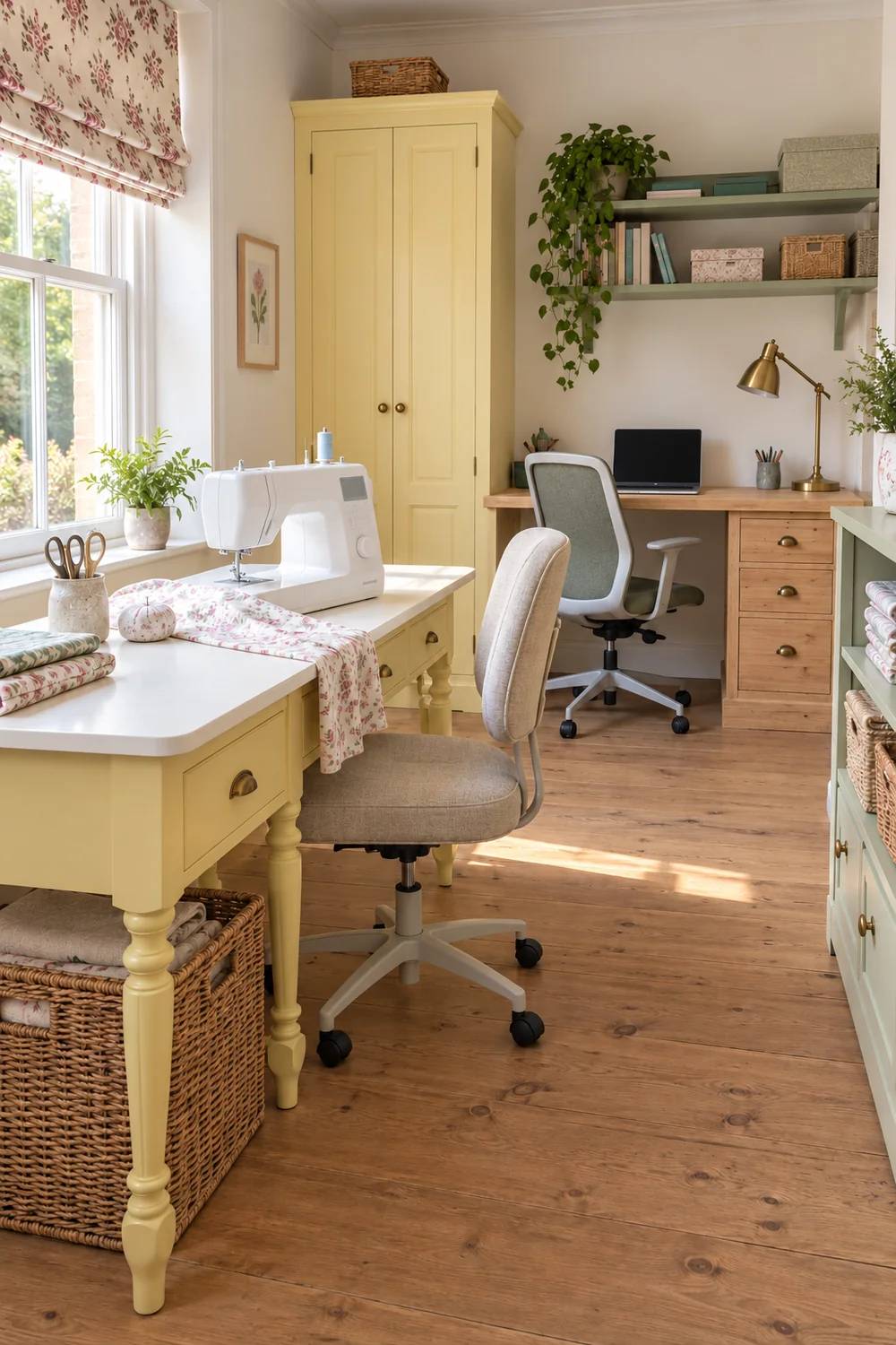 Yellow sewing table with turned legs and a white surface beside a computer desk