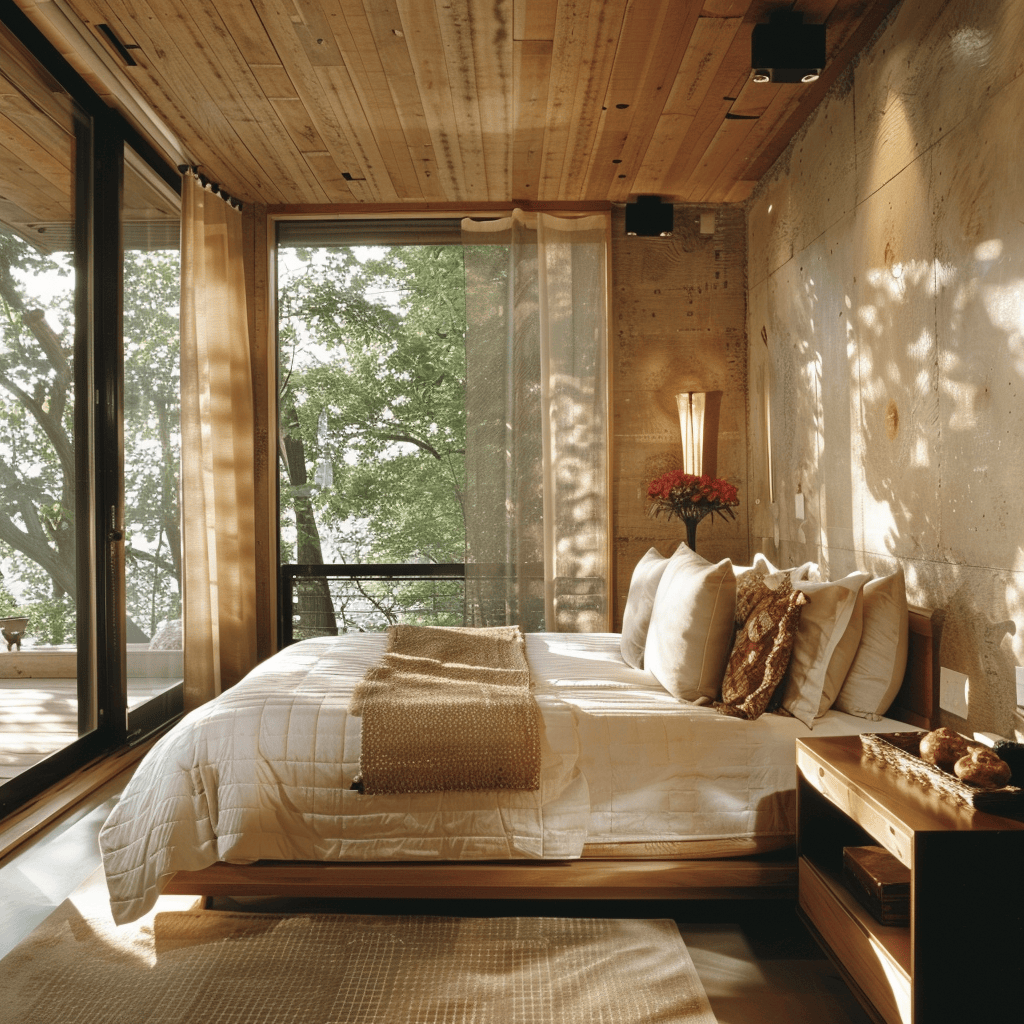 A bedroom featuring a balanced mix of wood, fire, earth, metal, and water elements, Feng Shui style
