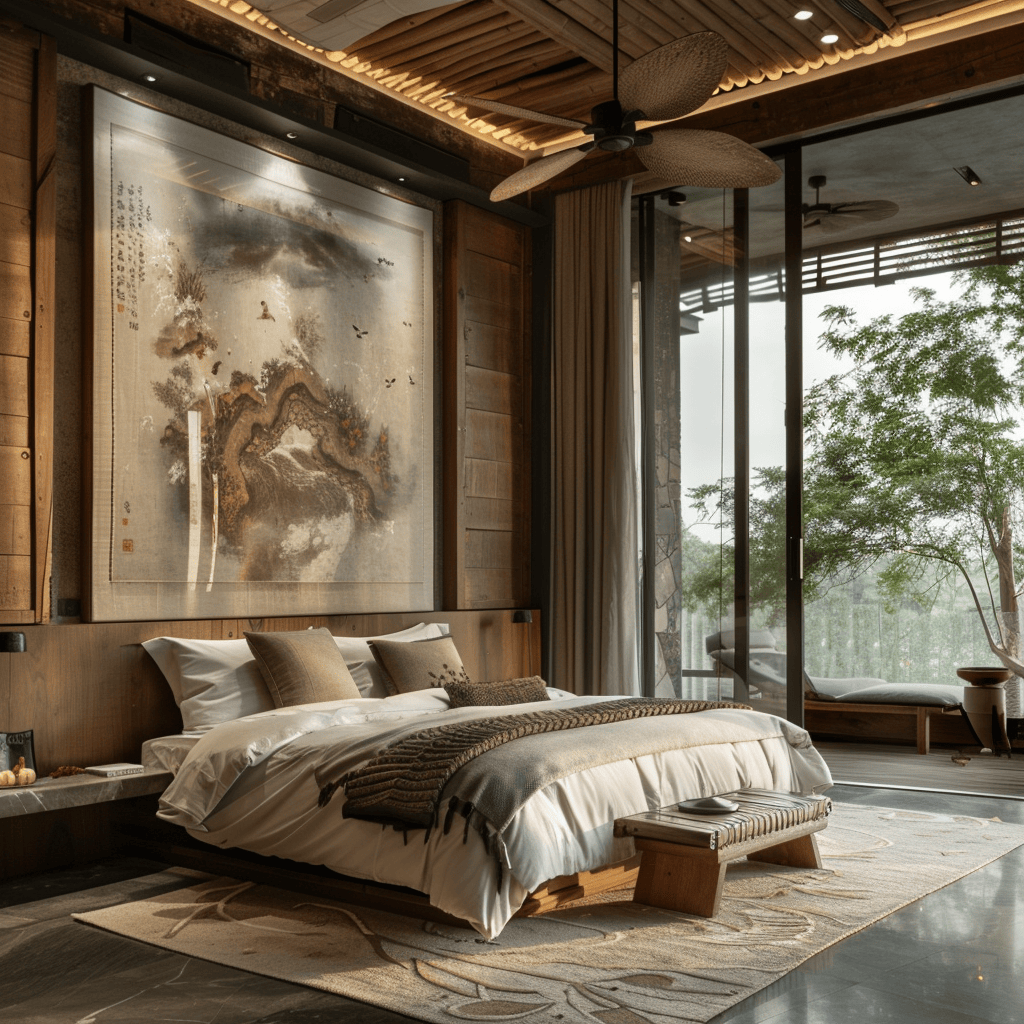 A bedroom showcasing a harmonious blend of wood, fire, earth, metal, and water elements in its decor, Feng Shui style