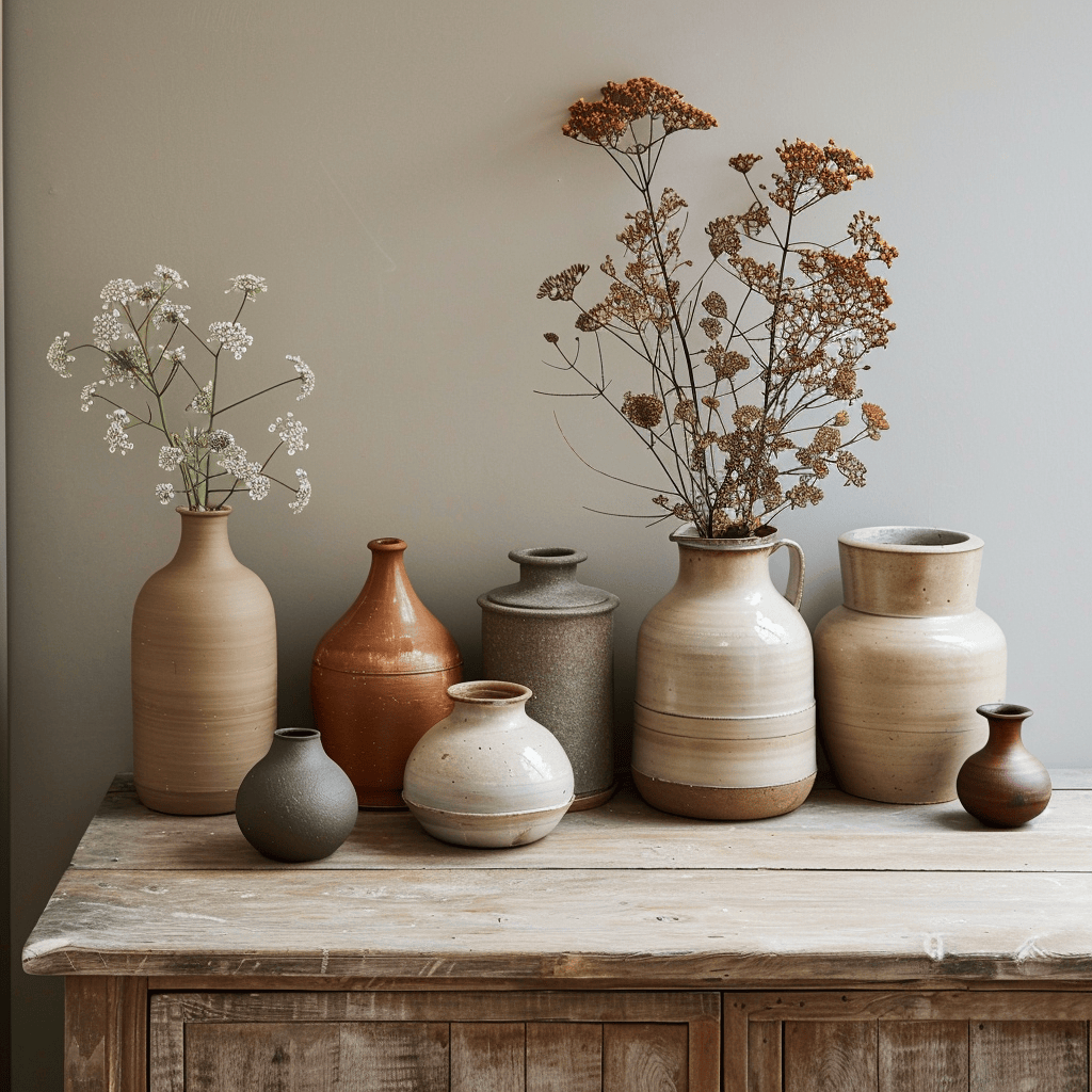 A grouping of handcrafted ceramic vases and jars in earth tones, showcasing the artisanal charm of an English countryside bathroom