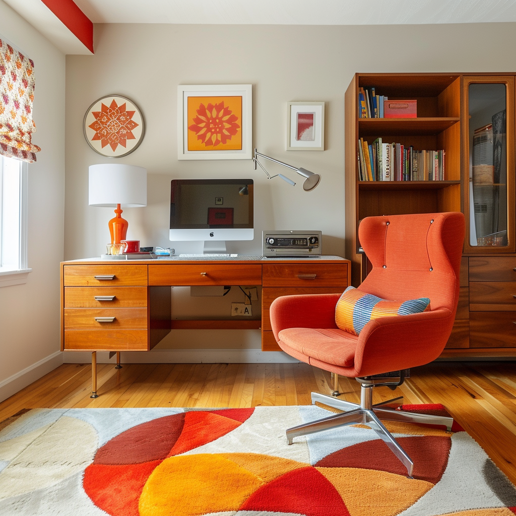 A lively mid-century modern home office with vibrant red and orange accents, stimulating creativity and productivity3