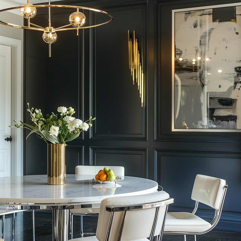 A mid-century modern dining room with metallic accents, such as a brass chandelier and chrome dining chairs, adding a touch of glamour and sophistication1