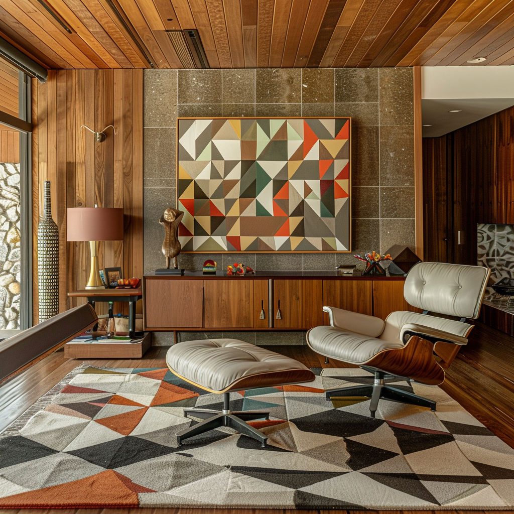 A mid-century modern interior featuring geometric patterns, natural materials, and metallic accents, adding depth and visual interest1