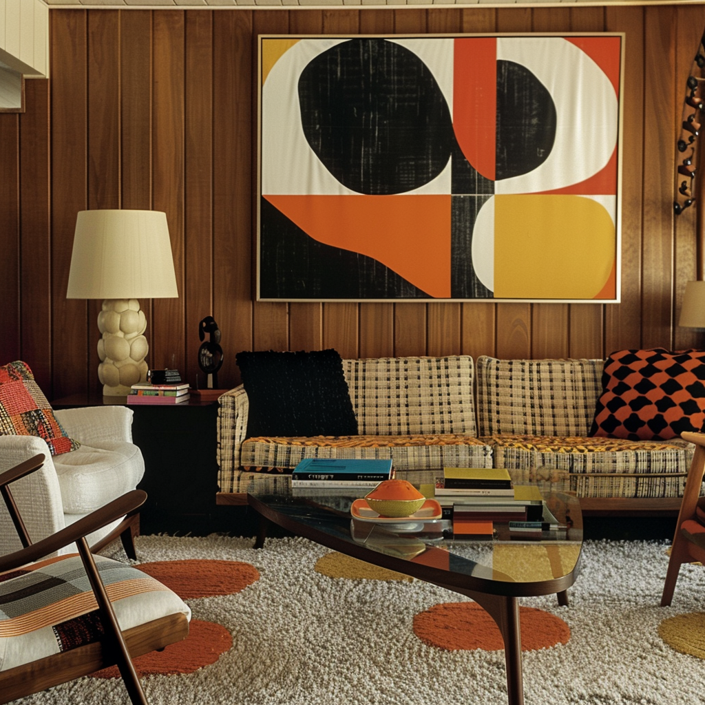 A mid-century modern living room featuring geometric patterns and abstract designs in textiles, wallpaper, and artwork2