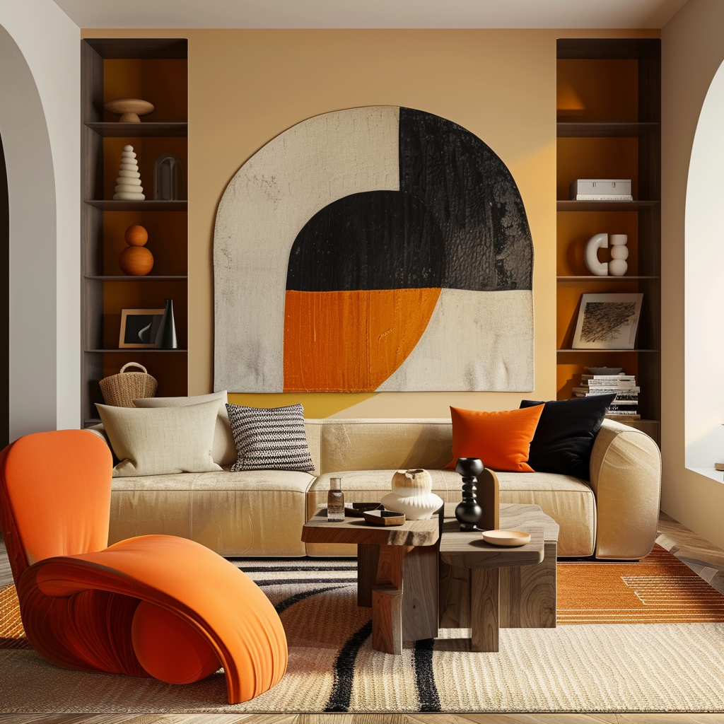 A mid-century modern living room with a balanced mix of bold and neutral colors, creating a visually striking and harmonious space2