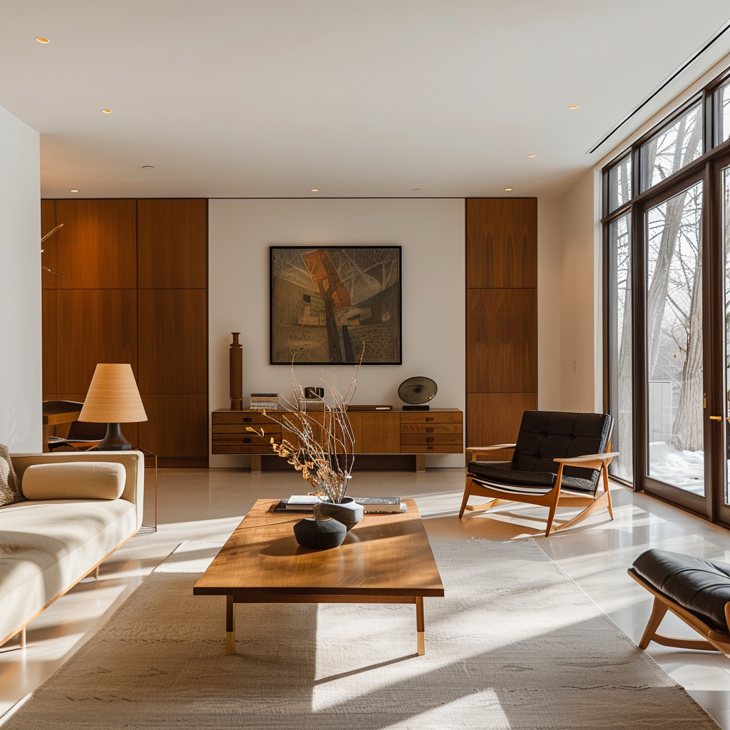 A minimalist mid-century modern interior with clean lines, uncluttered spaces, and a focus on functionality1