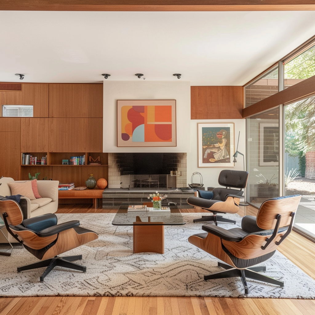 A minimalist mid-century modern living space with clean lines, organic forms, and a harmonious blend of colors4