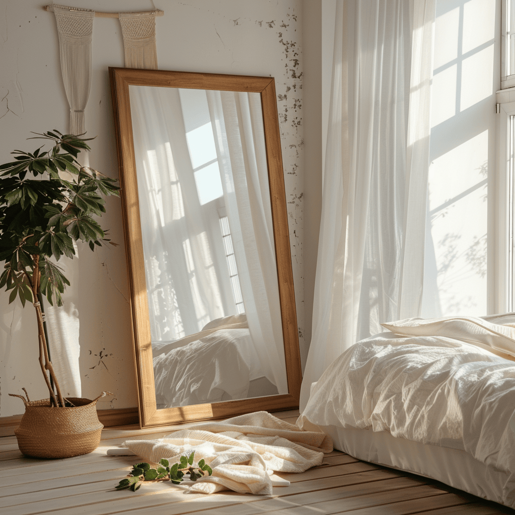 A mirror in a bedroom reflecting a pleasant view or natural light, promoting positive energy flow, Feng Shui style