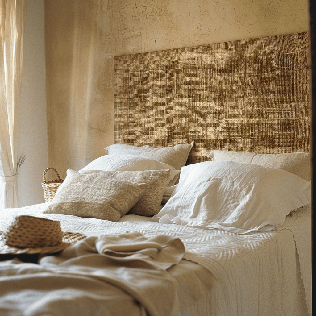 A sturdy, solid headboard made of natural materials like wood or upholstered fabric, Feng Shui style