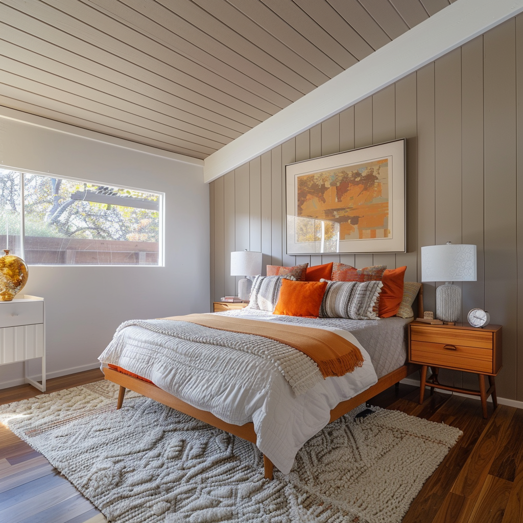 A stylish and inviting mid-century modern bedroom with a retro-chic color scheme, creating a serene and comfortable retreat4