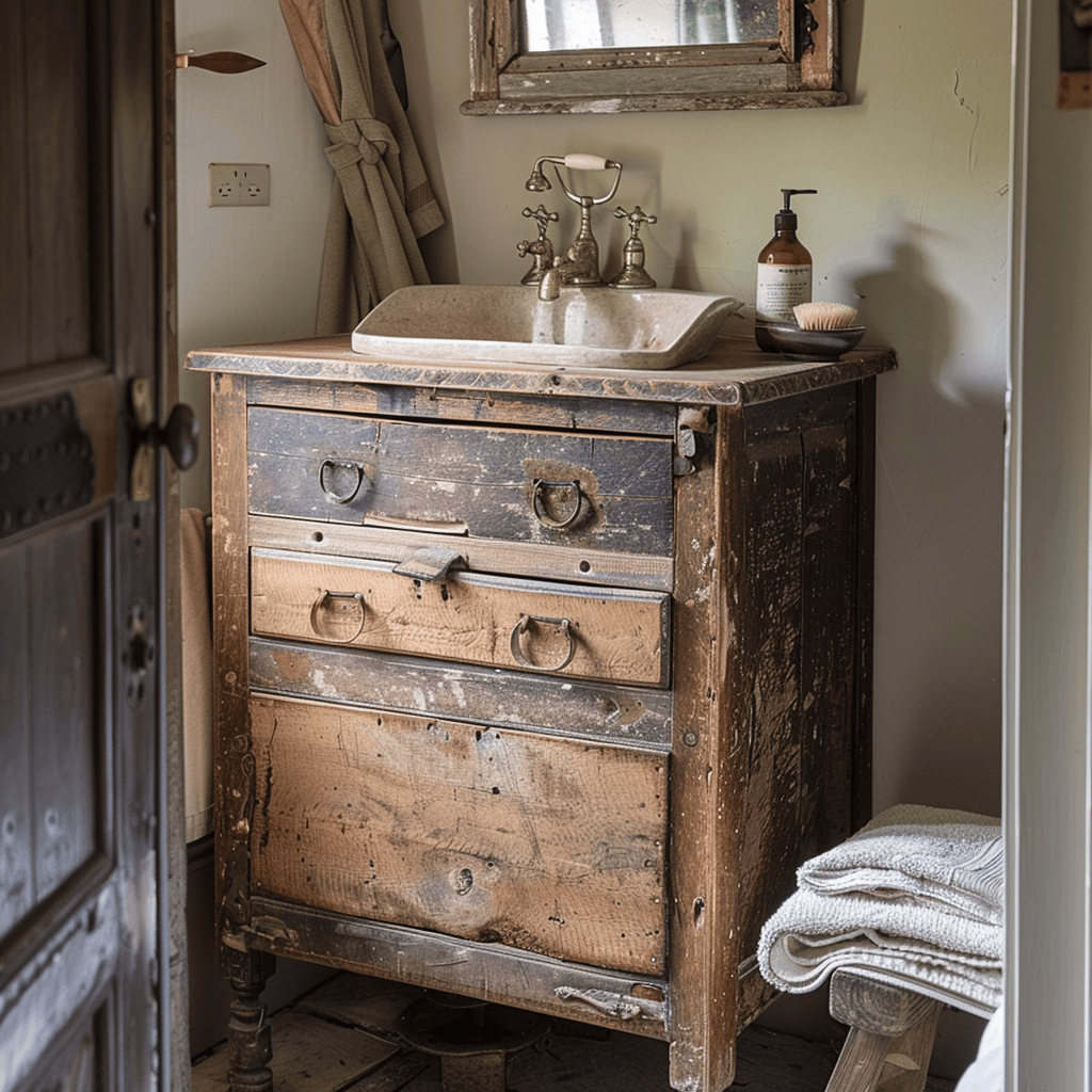 An antique wooden cabinet with a weathered finish, repurposed as a unique vanity in an English countryside bathroom, providing both character and storage