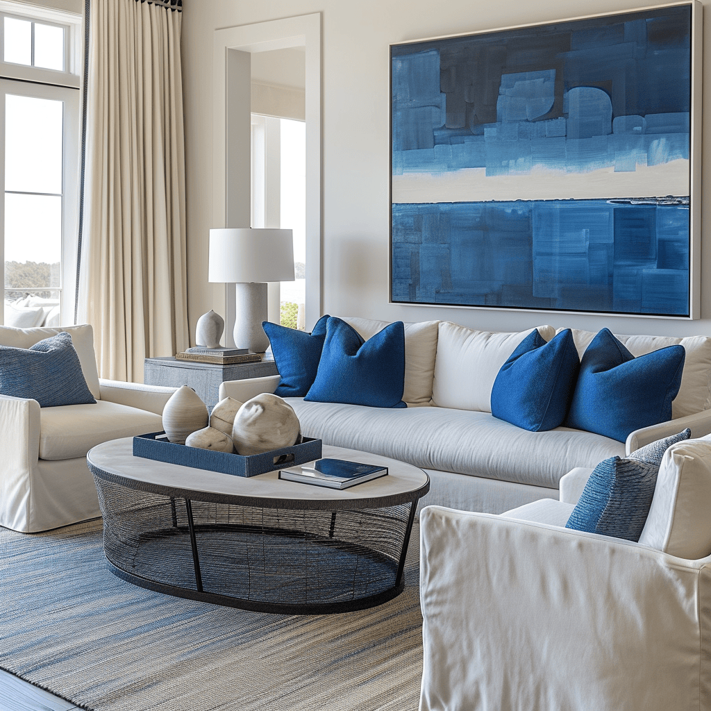 Elegant striped patterns on cushions and curtains in a beach-style living room