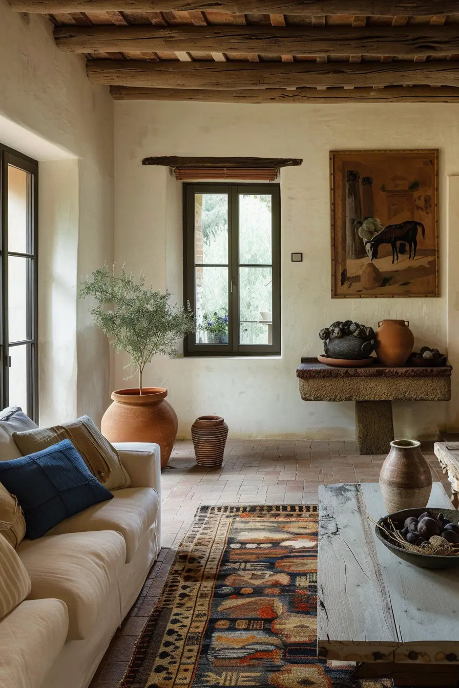 Italian rustic living room with exposed wooden beams