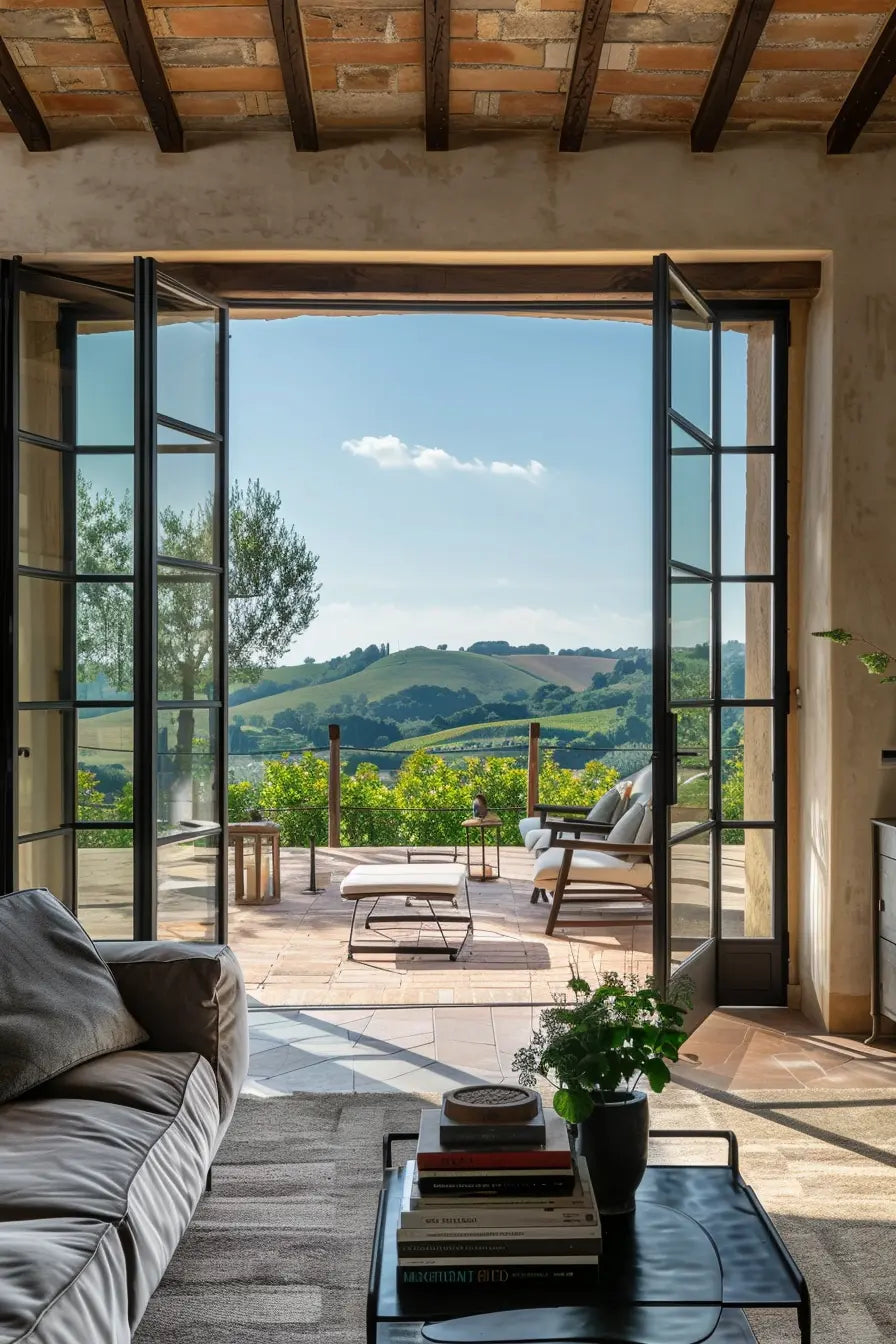 Italian rustic living room with stone accent wall