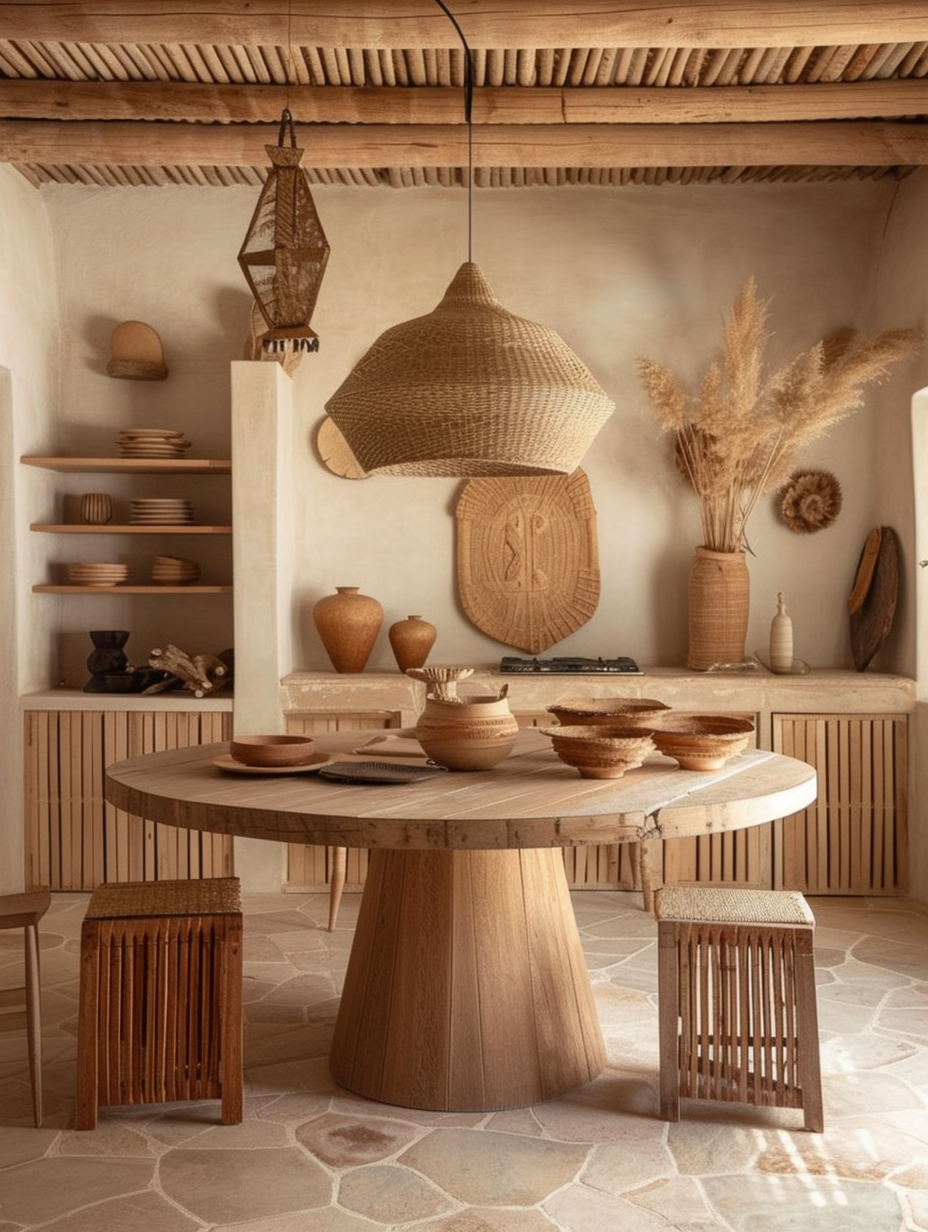 Layered lighting setting a warm, inviting glow in a modern boho dining room