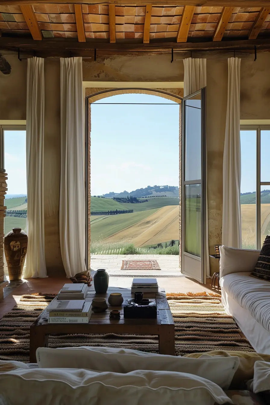 Modern Italian villa living room with infinity pool view