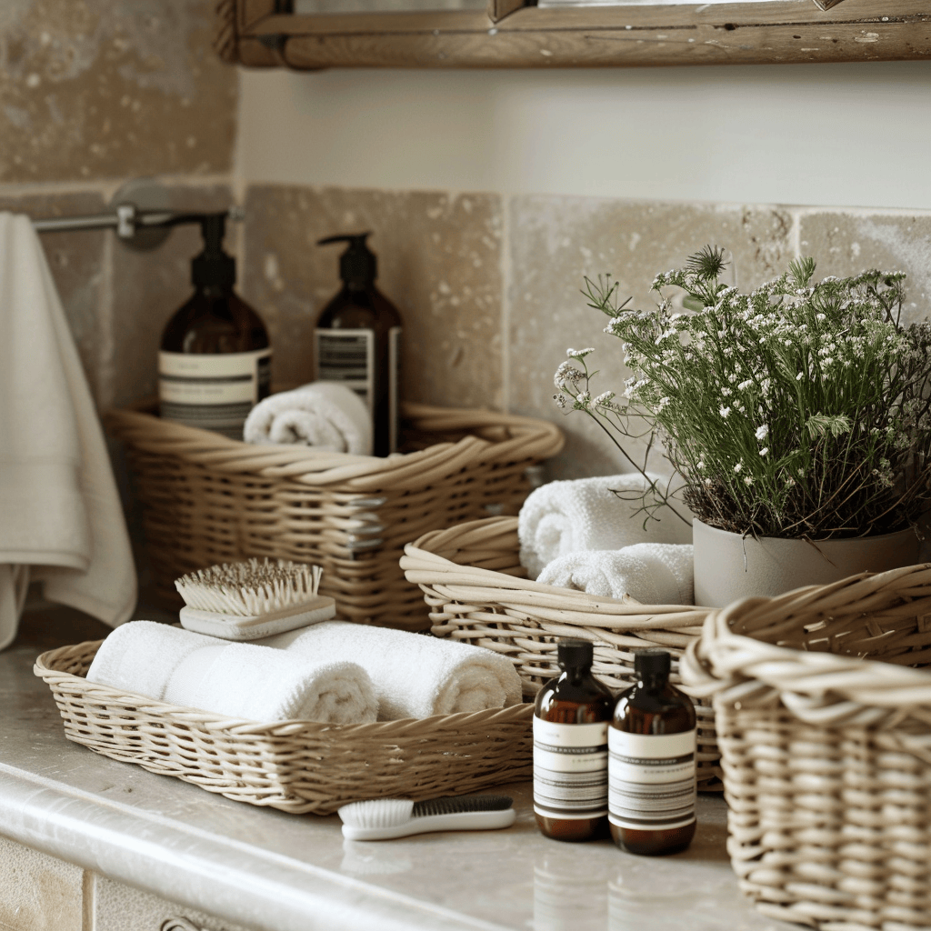Natural woven baskets in various sizes, holding rolled towels, toiletries, and potted plants, adding texture and rustic charm to an English countryside bathroom