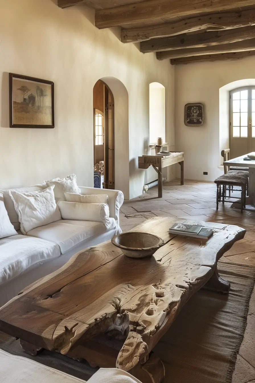 Rustic Tuscan living room with stone accent wall