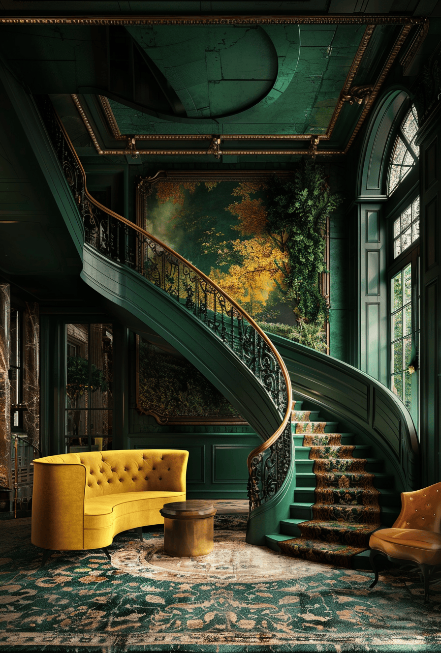 Sophisticated Art Deco hallway with marble accents and leather detailed furniture
