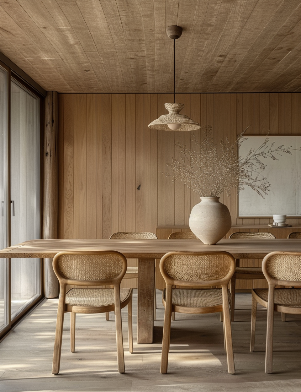 b Woven wall baskets contributing to the texture of a modern boho dining room
