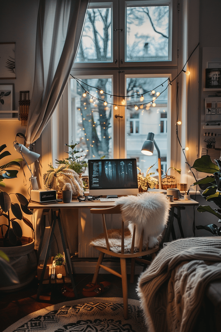 modern cozy Scandinavian Home Office, ambient lighting