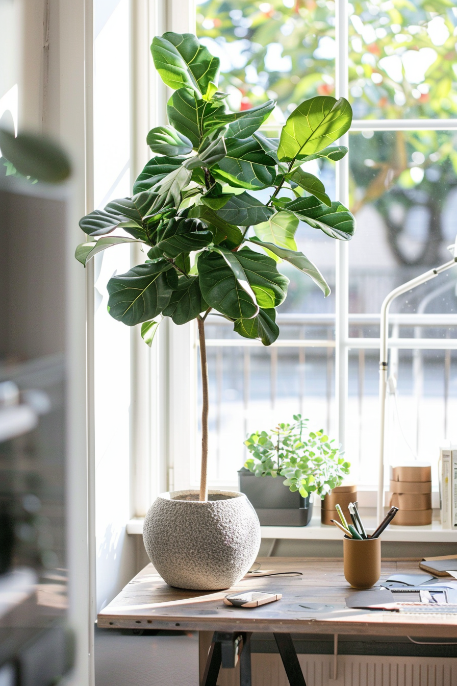 modern cozy Scandinavian Home Office, beautiful plant