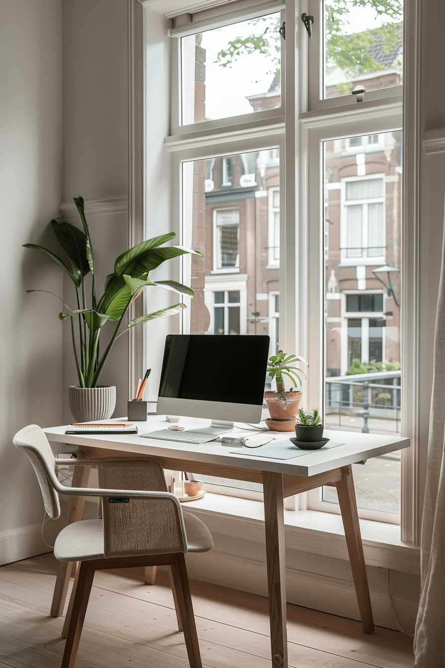 modern cozy Scandinavian Home Office, clean simple desk