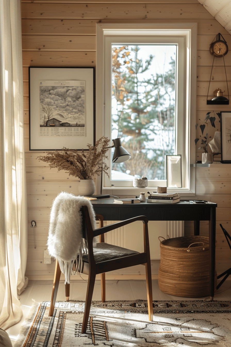 modern cozy Scandinavian Home Office, cozy warm vibes