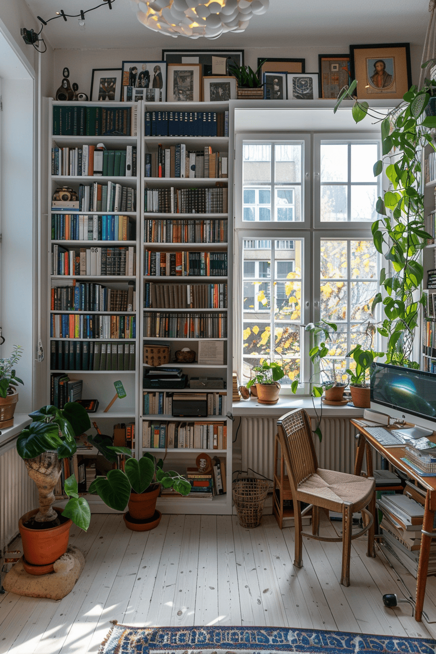 modern cozy Scandinavian Home Office, floor to ceiling book shelf