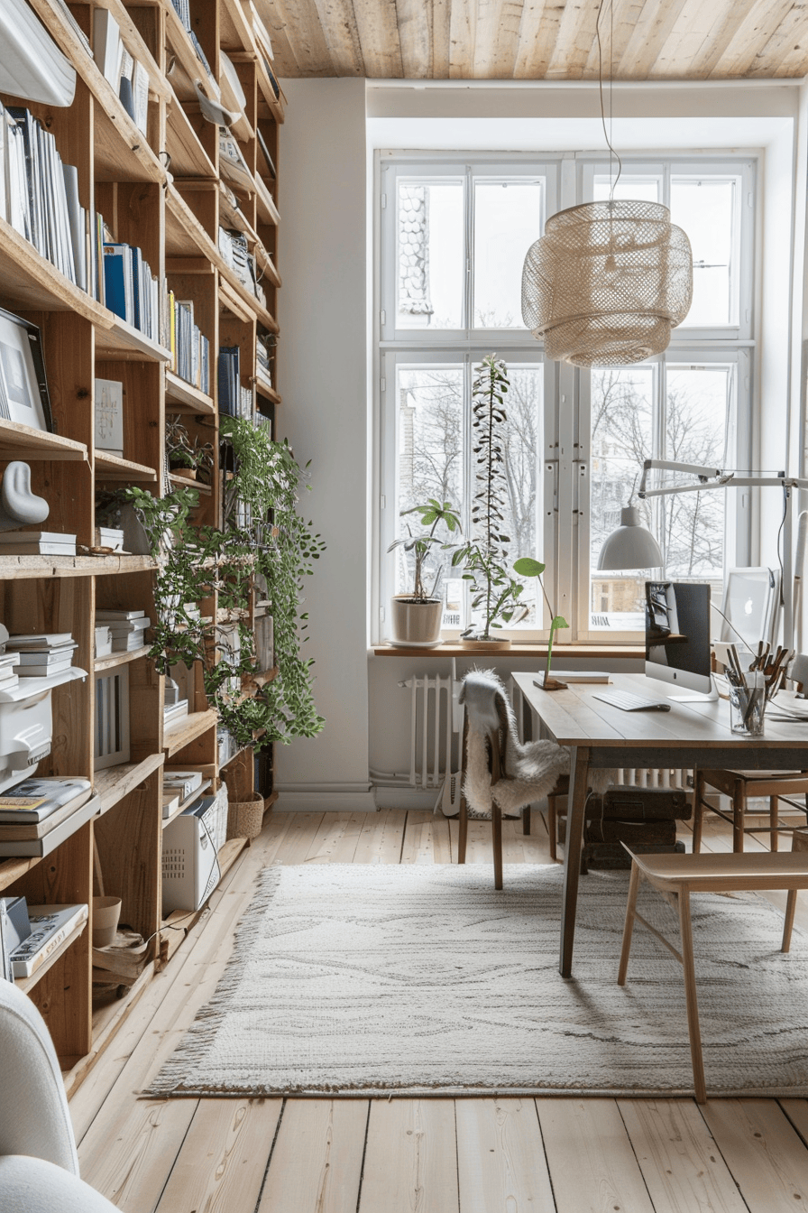 modern cozy Scandinavian Home Office, floor to ceiling shelving