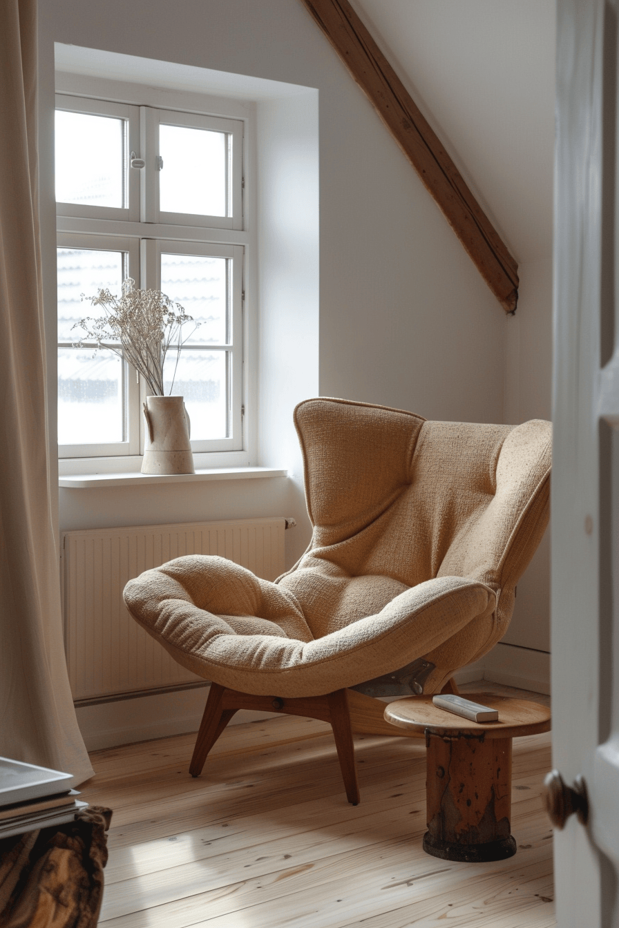 modern cozy Scandinavian Home Office, hand made reading chair