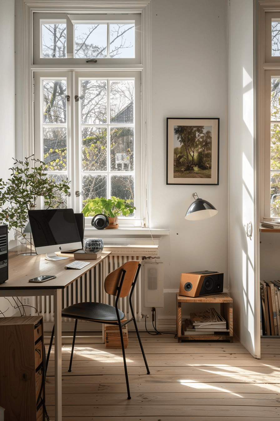 modern cozy Scandinavian Home Office, integrated wall speaker