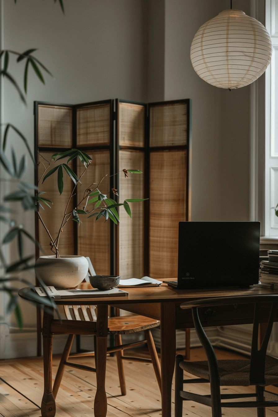 modern cozy Scandinavian Home Office, japandi style screen separating room