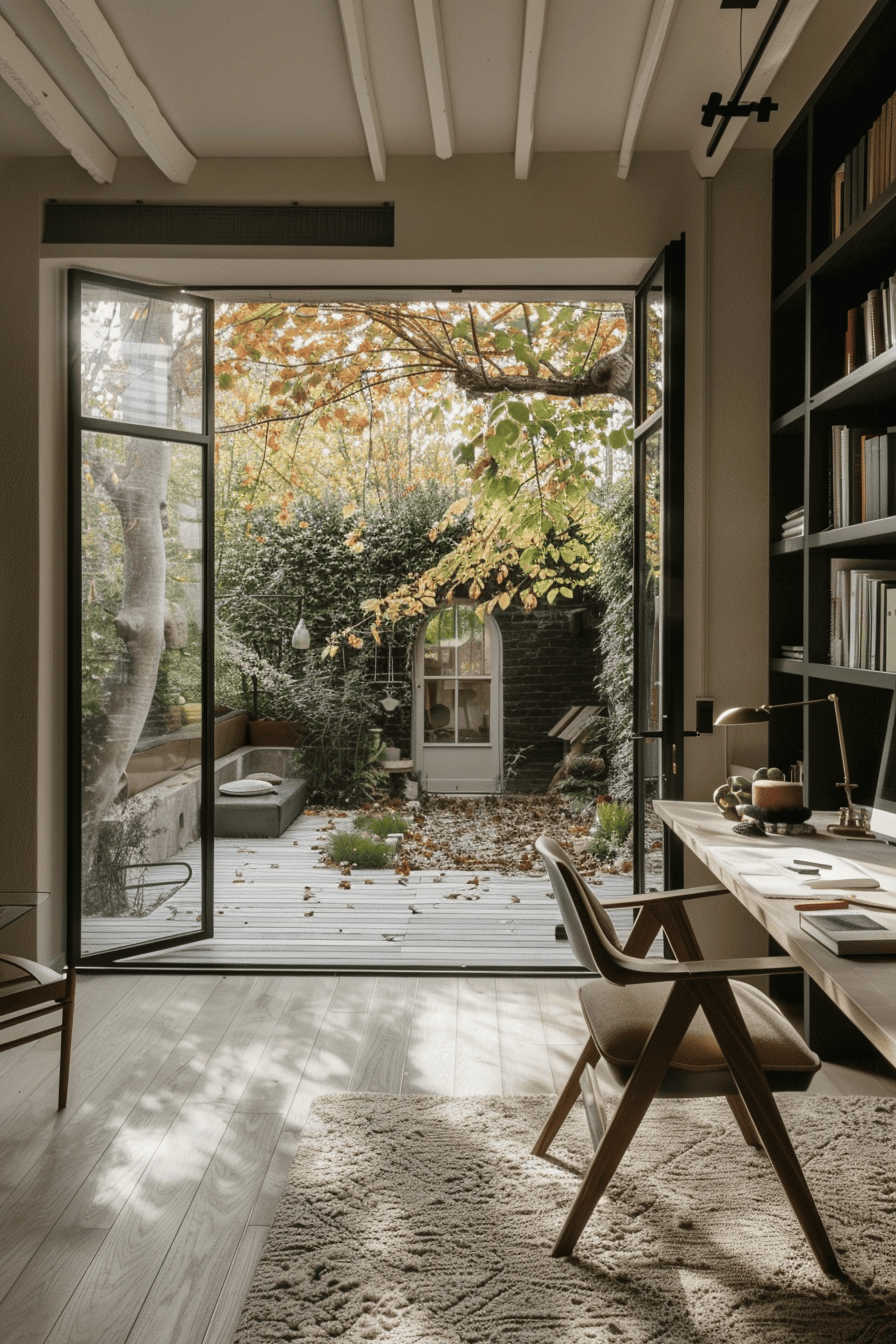 modern cozy Scandinavian Home Office, leading out to garden