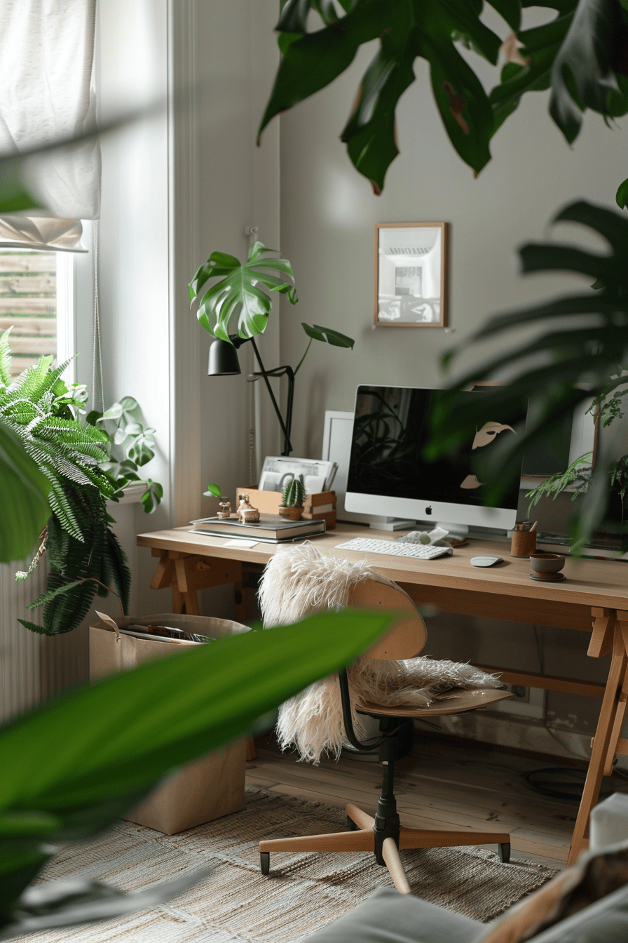 modern cozy Scandinavian Home Office, lush green plant