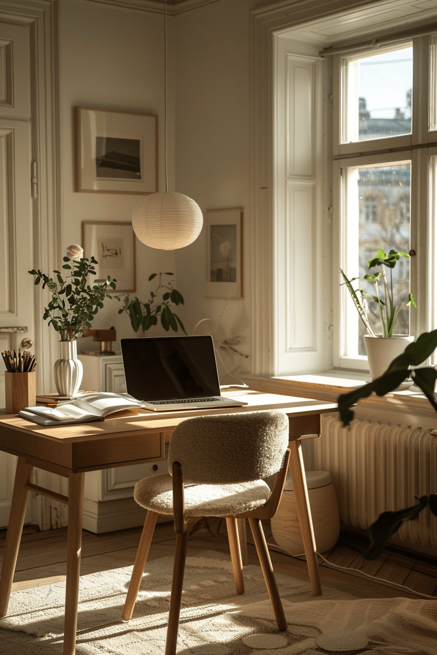 modern cozy Scandinavian Home Office, luxury organic lamp