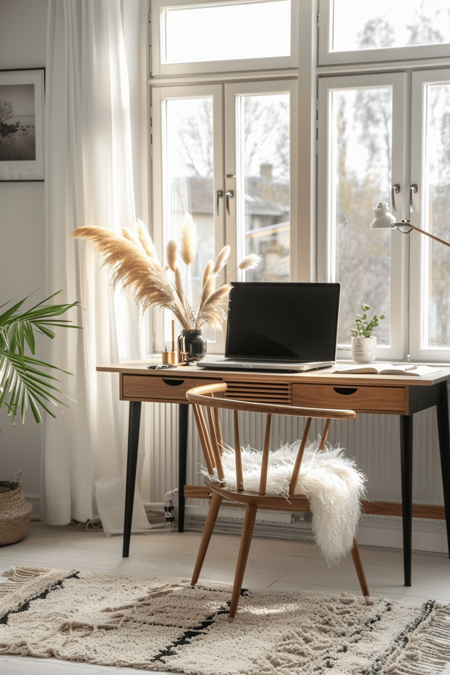 modern cozy Scandinavian Home Office, natural light