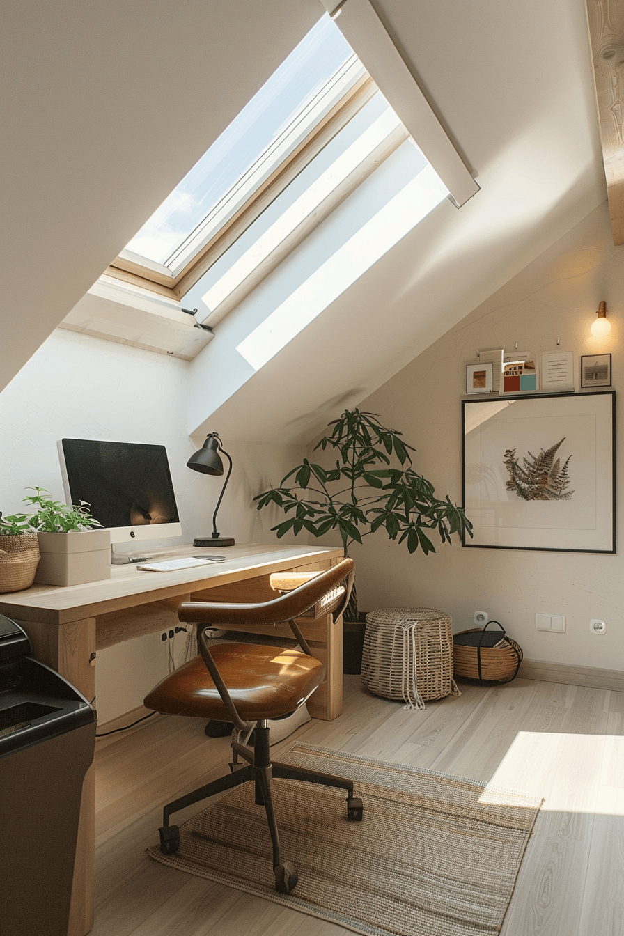 modern cozy Scandinavian Home Office, natural summer lighting from sky light