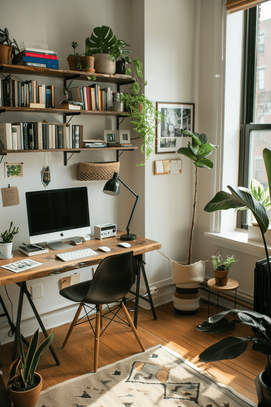 modern cozy Scandinavian Home Office, organic shelving