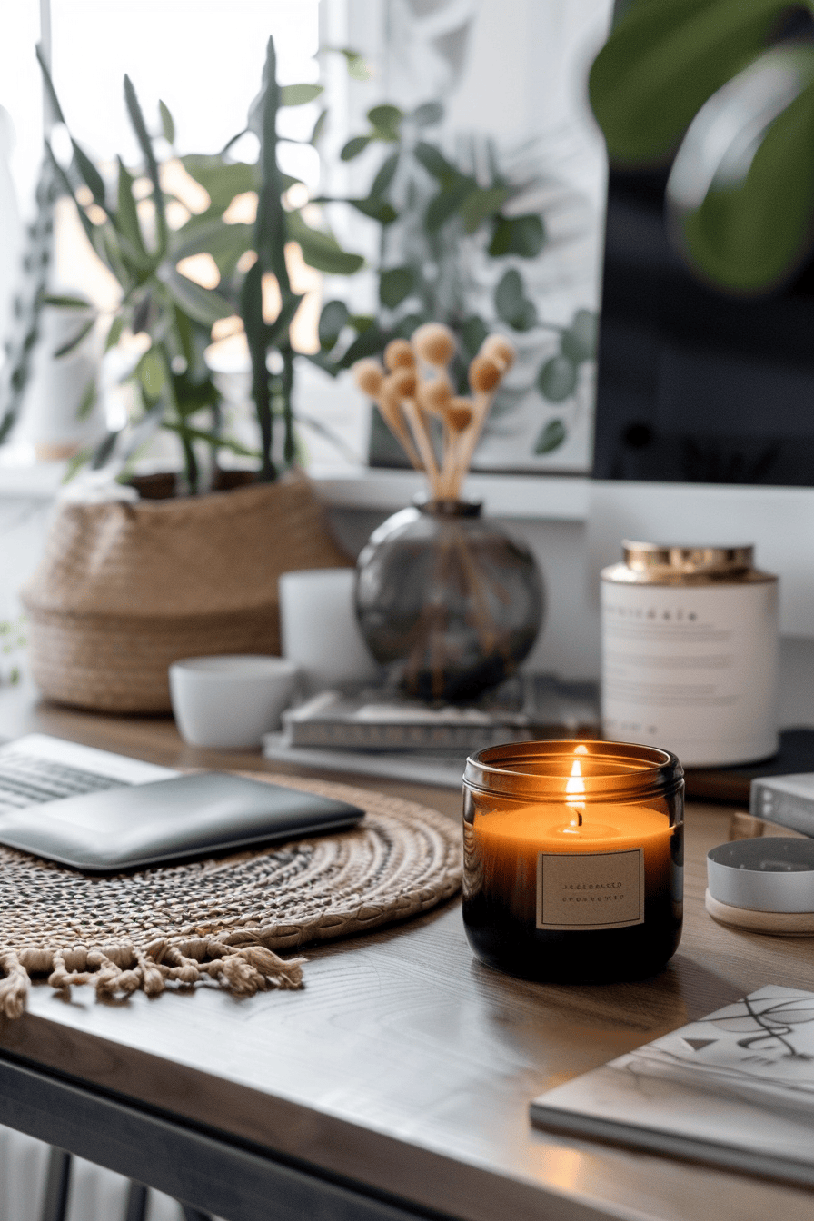 modern cozy Scandinavian Home Office, scented candle on desk