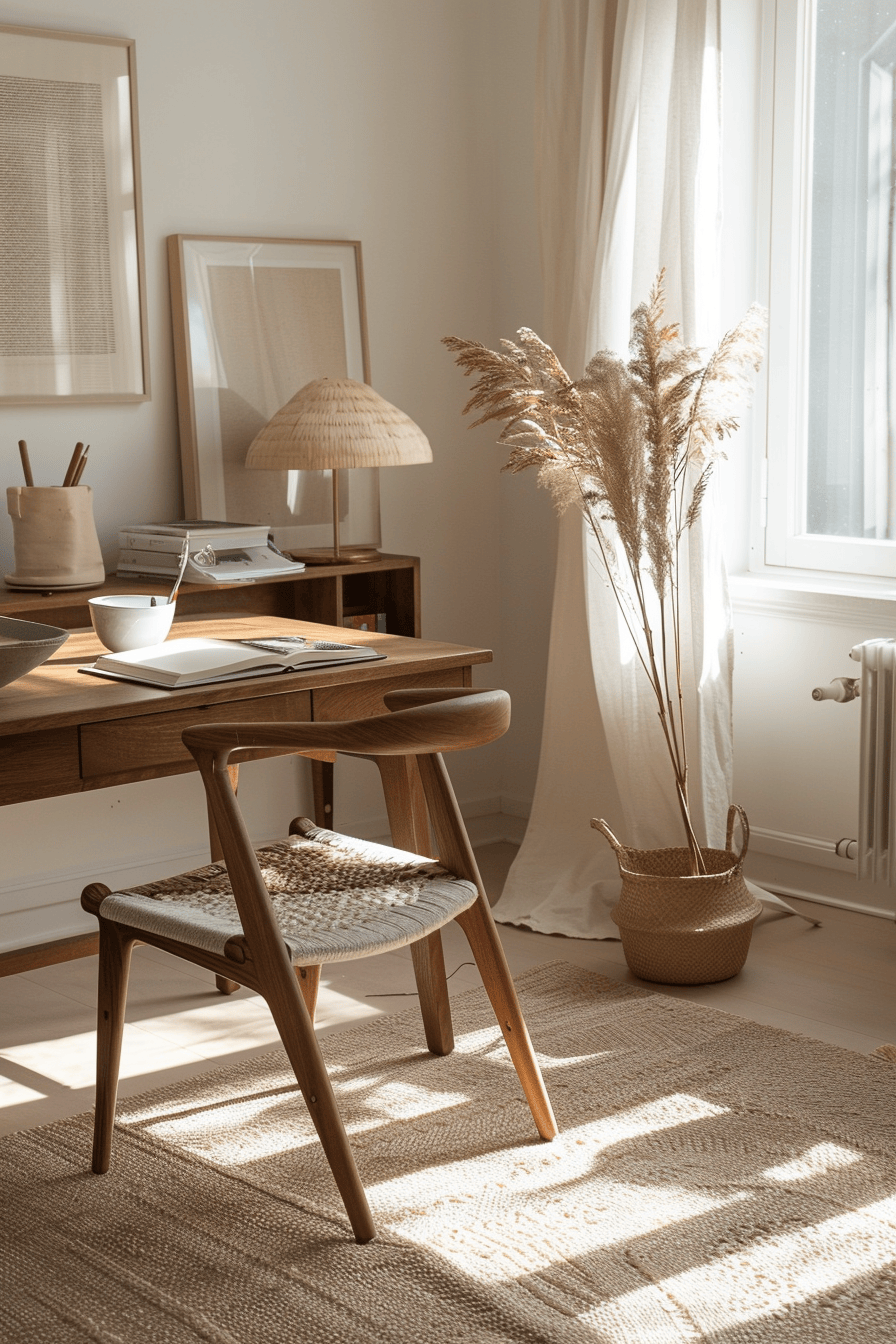 modern cozy Scandinavian Home Office, simple organic desk