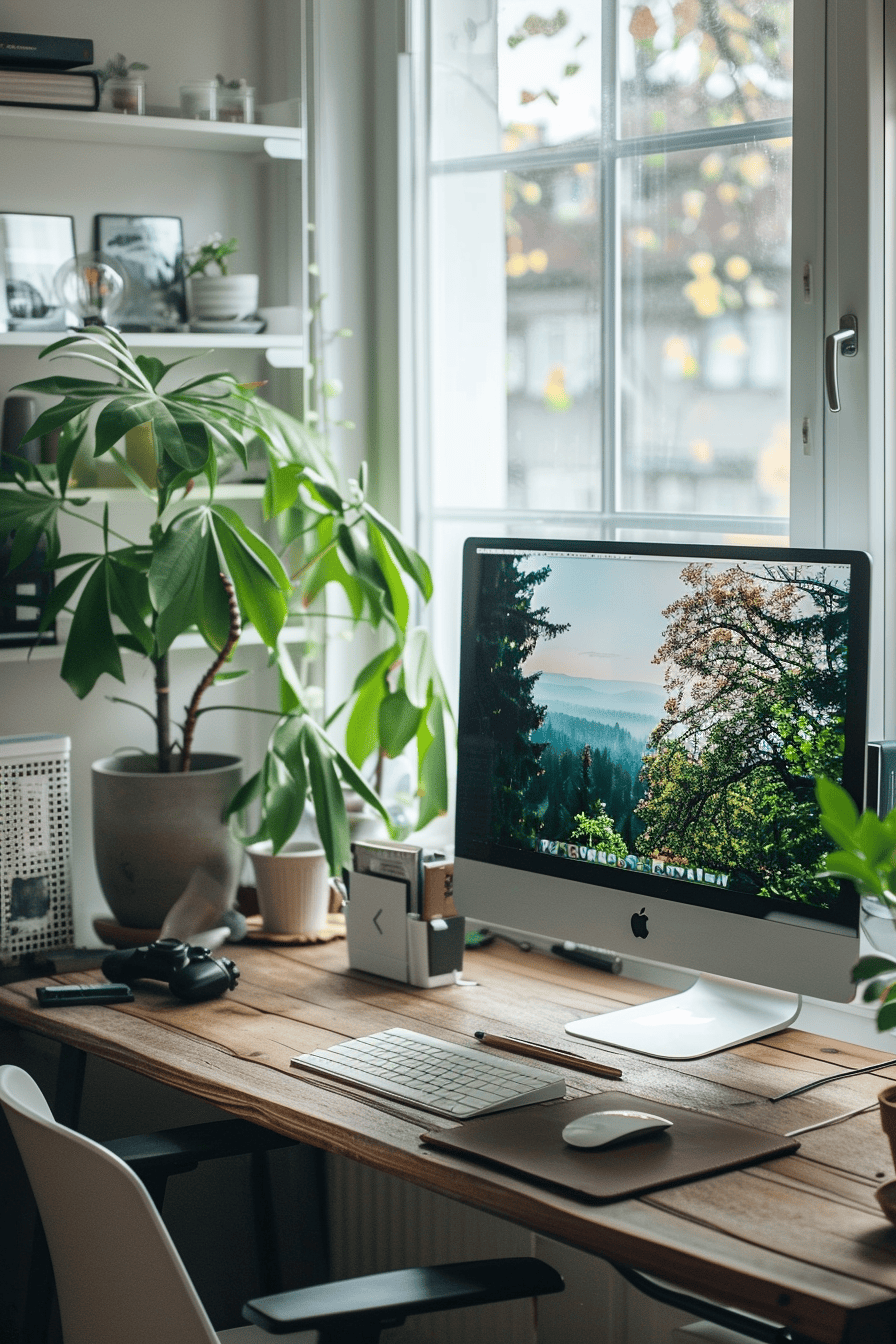 modern cozy Scandinavian Home Office, slim computer monitor