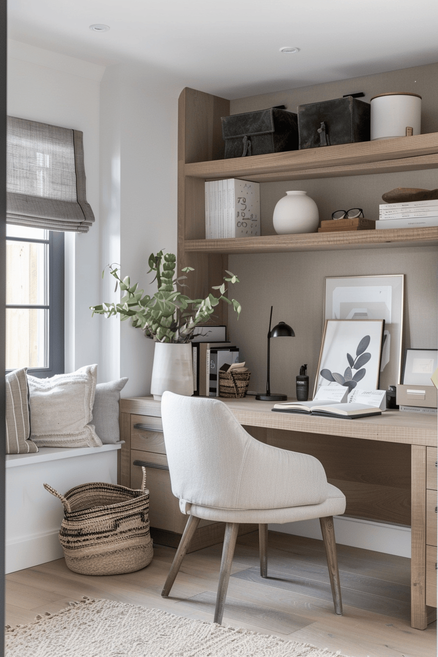 modern cozy Scandinavian Home Office, small space